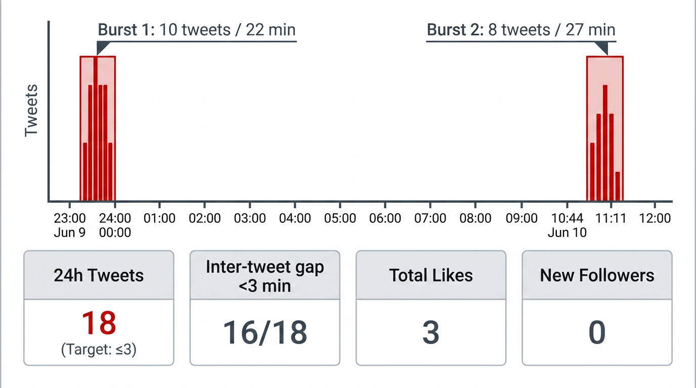 Tweet burst timeline — two spike clusters: 10 tweets in 22 min and 8 tweets in 27 min, with key metrics