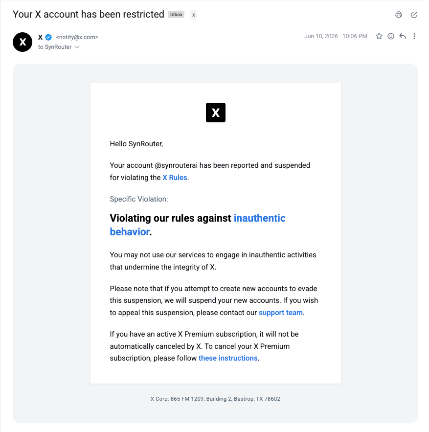 X account suspension notice — @synrouterai permanently placed in read-only mode